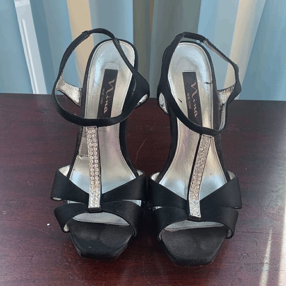 Nina Womens High Heels Peep Toe Sandals Ankle Strap Black Silver Shoes Size 6